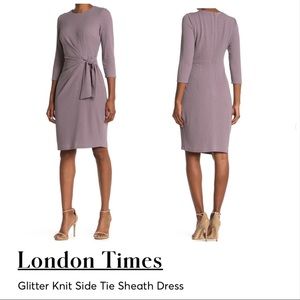 London times glitter knit side tie sheath dress mauve pink glittery sparkly 2 xs